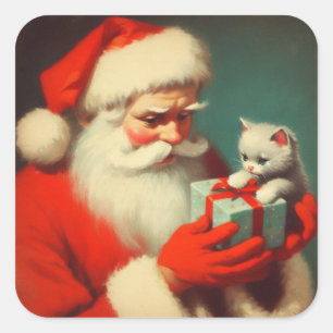 Vintage Weihnachtsmann mit Kätzchen Retro Süß Quadratischer Aufkleber