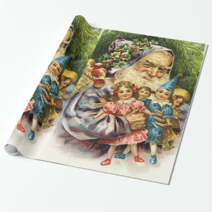 Vintage Weihnachtsmann mit Puppen Geschenkpapier