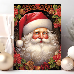 Vintage Weihnachtsmann mit Stechpalmen-Weihnachtsb Feiertagskarte
