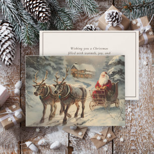 Vintage Weihnachtsmann Rentiere Schlitten Schnee Feiertagskarte