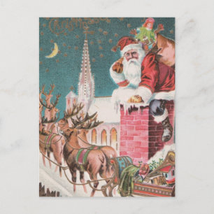 Vintage-Weihnachtsmann-Schlitten-Rentier-Weihnacht Feiertagspostkarte