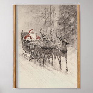 Vintage-Weihnachtsmann-Schlitten-Weihnachtswald-Sk Poster