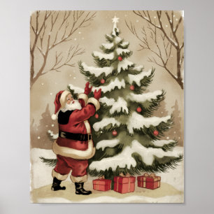 Vintage-Weihnachtsmann schmückt den Weihnachtsbaum Poster