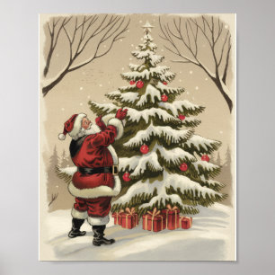 Vintage-Weihnachtsmann schmückt den Weihnachtsbaum Poster