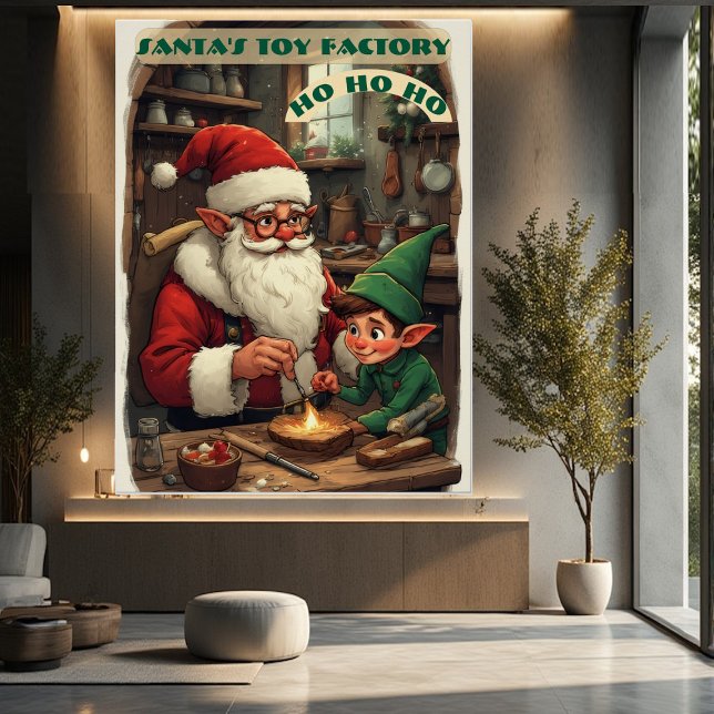 Vintage-Weihnachtsmann-Spielzeugfabrik-Elfenhelfer Poster (Vintage Santa's Toy Factory Elf Helper in Workshop Poster)