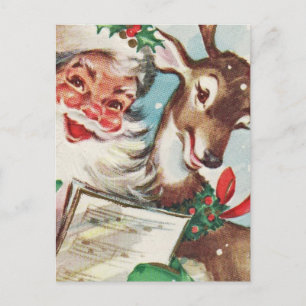 Vintage Weihnachtsmann und Rentiere Feiertagspostkarte