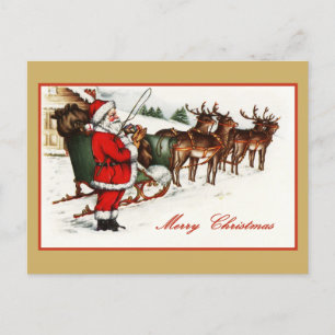 Vintage-Weihnachtsmann und Rentiere-Postkarte Feiertagspostkarte