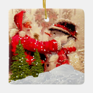 Vintage-Weihnachtsmann- und Schneemann-Weihnachtsb Keramikornament