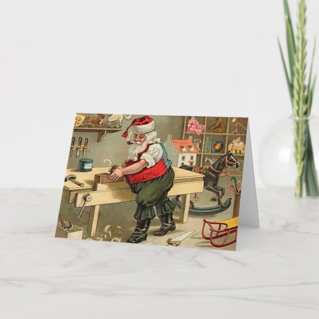 Vintage Weihnachtsmann-Weihnachtswerkstatt Feiertagskarte (Vorderseite)