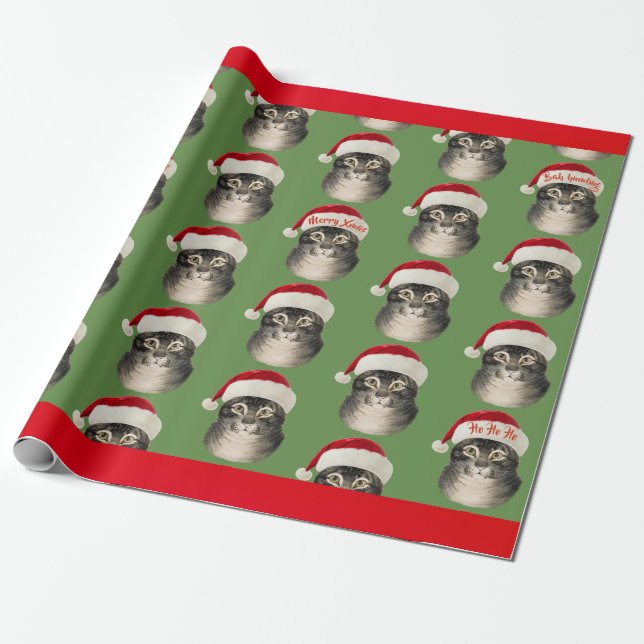 Vintage Weihnachtsmannmütze-Katzen-Kunst Geschenkpapier (Ungerollt)