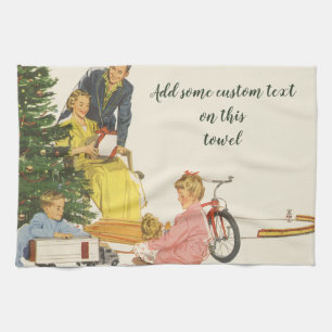 Vintage Weihnachtsmorgen, Familie öffnet Geschenke Geschirrtuch