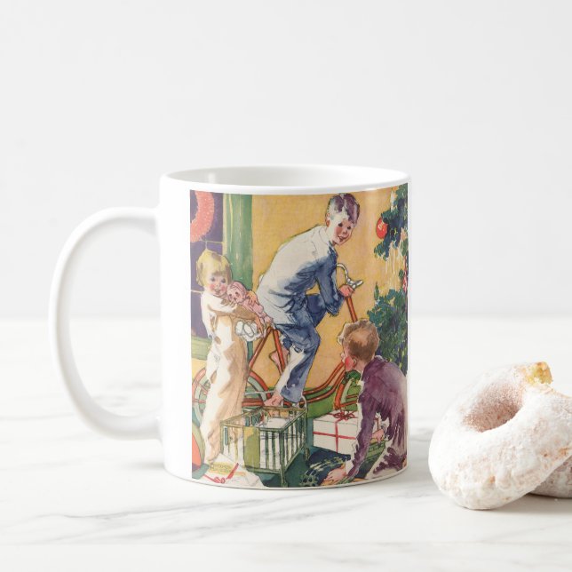 Vintage Weihnachtsmorgen, Kinder mit Geschenken Kaffeetasse (Mit Donut)
