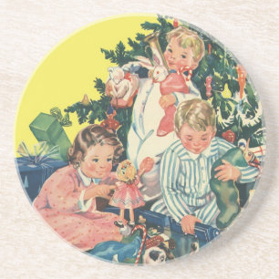 Vintage Weihnachtsmorgen, Kinder öffnen Geschenke Sandstein Untersetzer