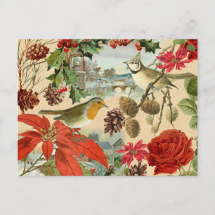 Vintage-Weihnachtspostkarte mit Vögeln und roter B Feiertagspostkarte