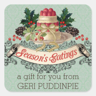 Vintage-Weihnachtspudding-Kochen Backen Essen Gesc Quadratischer Aufkleber