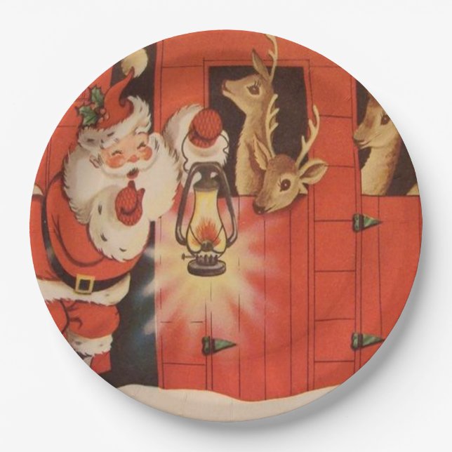 Vintage Weihnachtssankt-Ren-Partyplatte Pappteller (Vorderseite)