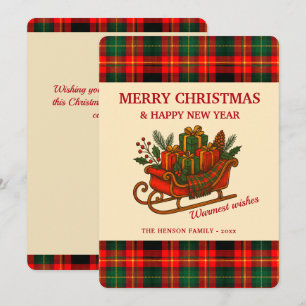 Vintage-Weihnachtsschlitten mit Geschenken und Kar Feiertagskarte