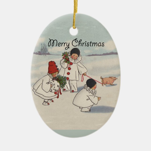 Vintage Weihnachtsschneekinder-Kunstwerk Keramikornament (Vorne)