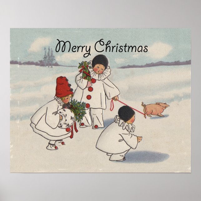 Vintage Weihnachtsschneekinder-Kunstwerk Poster (Vorne)