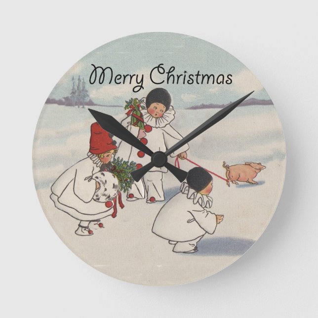 Vintage Weihnachtsschneekinder-Kunstwerk Runde Wanduhr (Vorderseite)