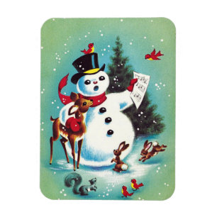 Vintage-Weihnachtsschneemann spielt mit Tieren Magnet