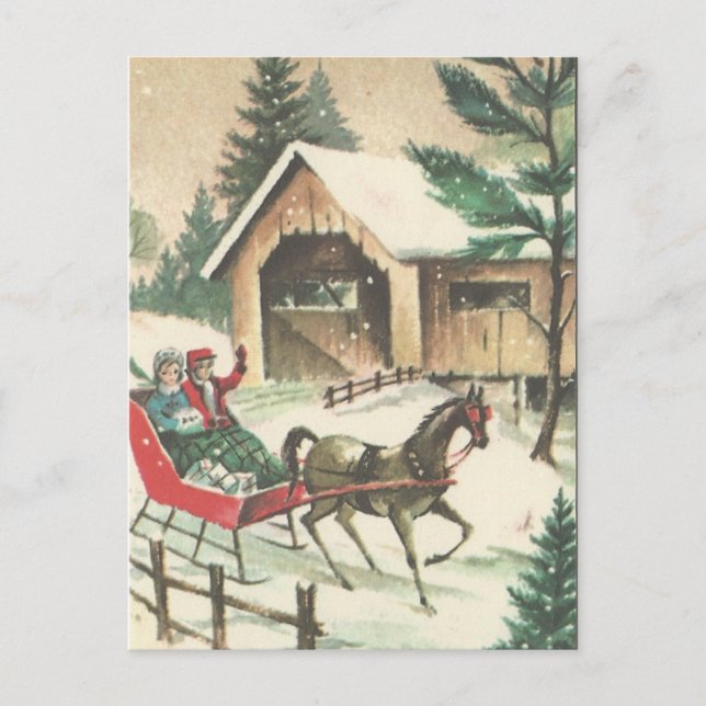 Vintage Weihnachtssleigh-Fahrt Feiertagspostkarte (Vorderseite)