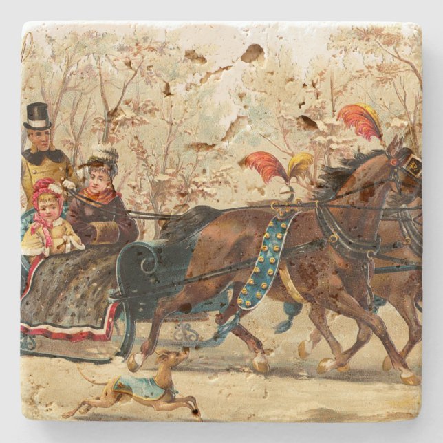 Vintage Weihnachtssleigh-Fahrt Steinuntersetzer (Vorderseite)