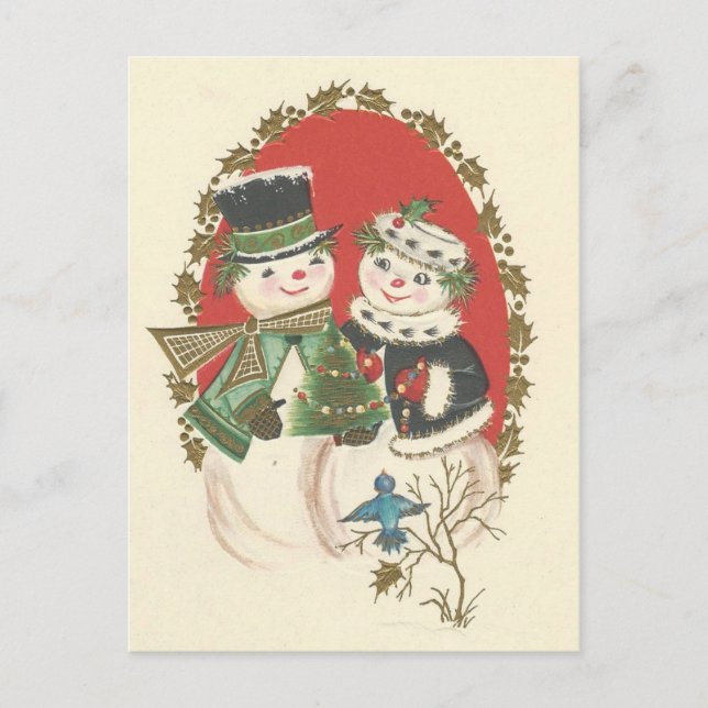 Vintage Weihnachtssnowman-Paare Feiertagspostkarte (Vorderseite)