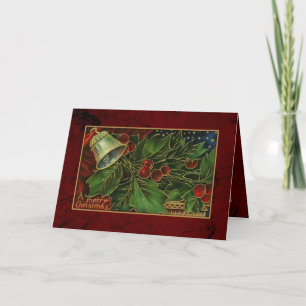 Vintage Weihnachtsstechpalme und -bell Feiertagskarte