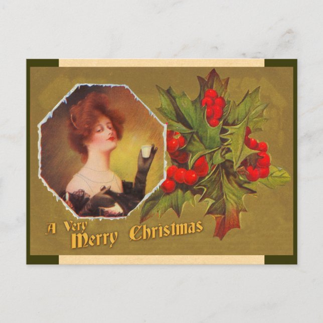 Vintage Weihnachtsstechpalmen-Postkarte Feiertagspostkarte (Vorderseite)