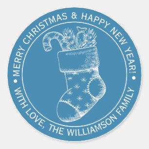 Vintage-Weihnachtsstrumpf Festtagsgrüße Blau Runder Aufkleber