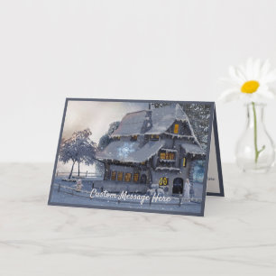 Vintage-Weihnachtsszene Cottage Schneemann Karte