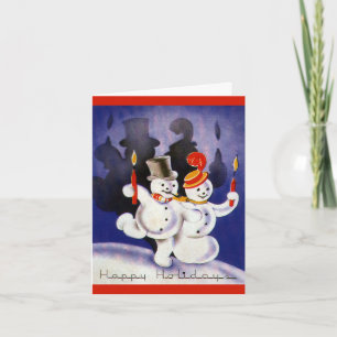 Vintage WeihnachtstanzenSnowmen mit Kerzen Feiertagskarte
