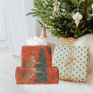 Vintage-Weihnachtstiger mit Weihnachtsbaum Geschenkpapier