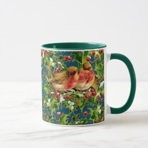 Vintage-Weihnachtsvögel Stechpalme Faux-Gold-Muste Tasse