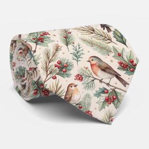 Vintage-Weihnachtsvögel - Stechpalme und Rotkehlch Krawatte
