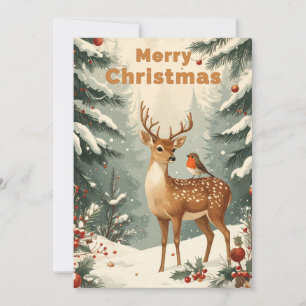 Vintage Weihnachtswald mit Hirsch und Rotkehlchen Feiertagskarte