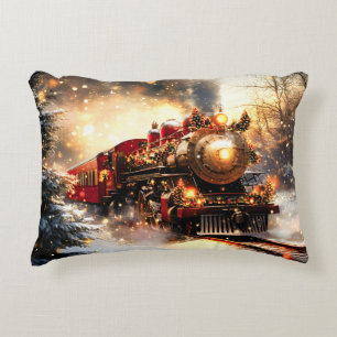 Vintage Weihnachtszug-Express in schneereicher Nac Dekokissen