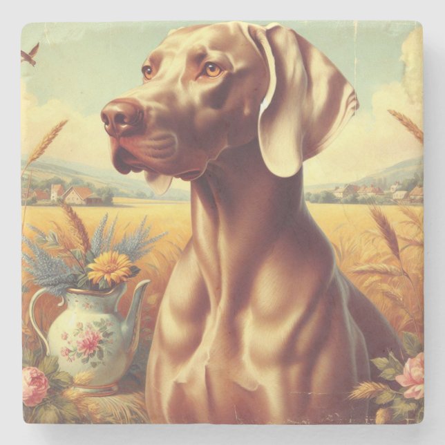 Vintage Weimaraner-Malerei Steinuntersetzer (Vorderseite)