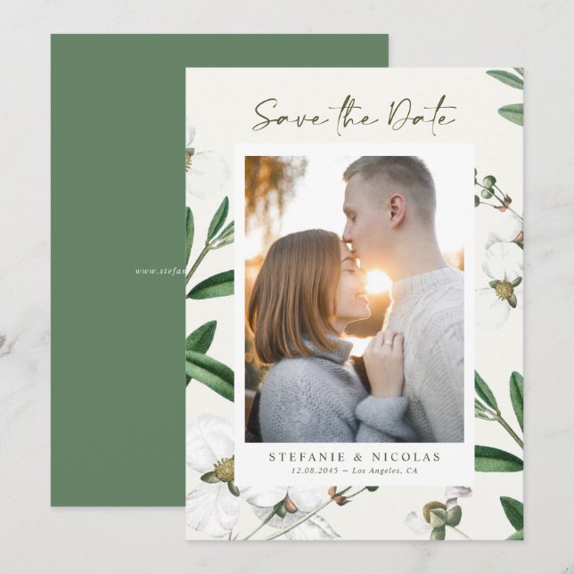 Vintage weiße Blume Botanisches Foto Save The Date (Vorne/Hinten)