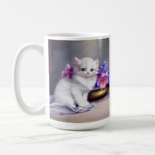 Vintage weiße Kätzchen mit rosa und violetten Blum Kaffeetasse
