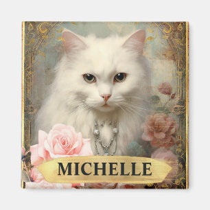 Vintage weiße Katze und rosa Rosen Magnet