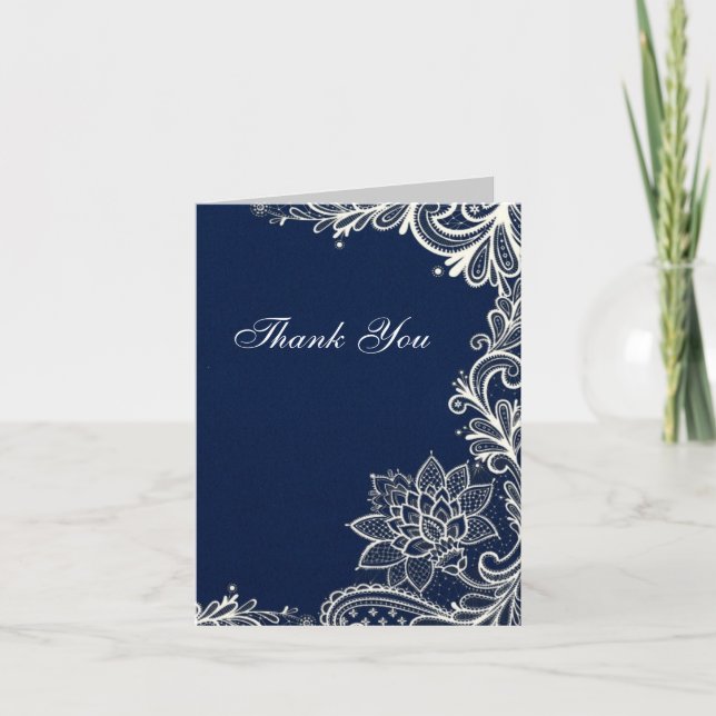 Vintage weiße Spitzen Marineblau Hochzeit danke (Vorderseite)