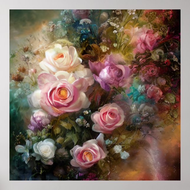 Vintage, weiße und rosa Rosen gestrichen Poster (Vorne)