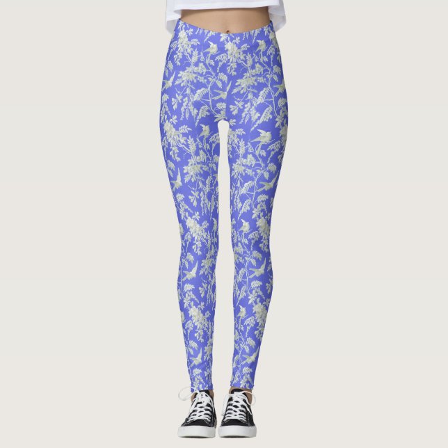 Vintage Weiße Vögel und Blume auf blau Leggings (Vorderseite)