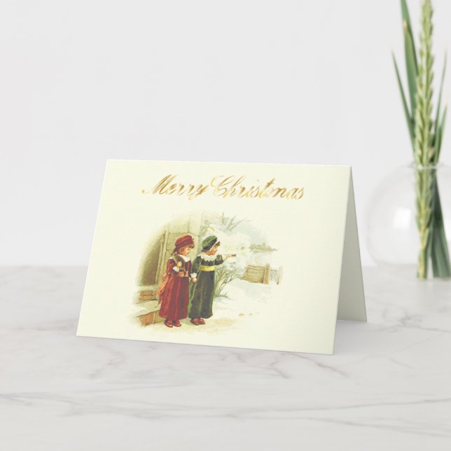 Vintage weiße Weihnachtsszene mit zwei Schwestern Karte (Vorderseite)