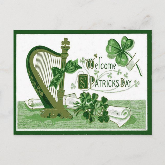 Vintage Welcome Shamrock Harp St. Patrick's Day Postkarte (Vorderseite)