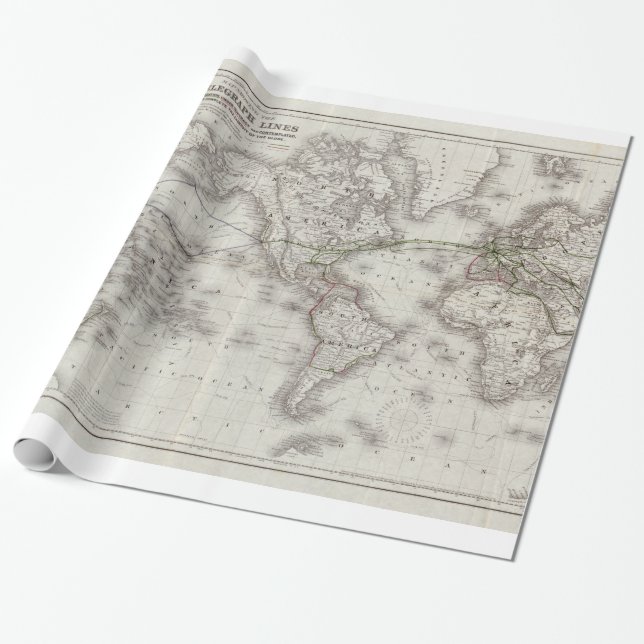 Vintage Weltfernschreibleitungen Karte (1855) Geschenkpapier (Ungerollt)