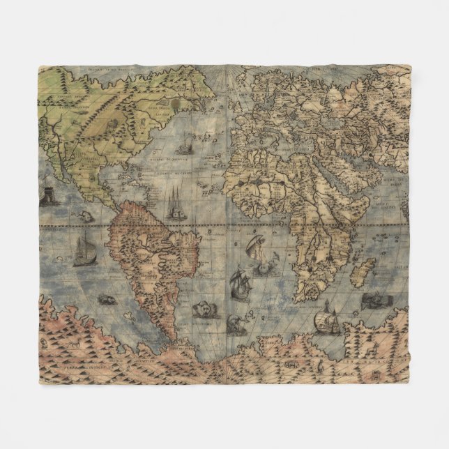 Vintage Weltkarte (1565) Fleecedecke (Vorderseite (Horizontal))