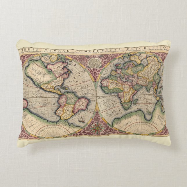 Vintage Weltkarte 1609 Dekokissen (Vorderseite)